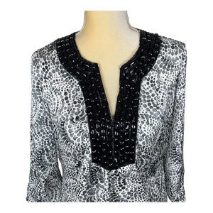 Sioni Black and White‎ Pattern Top Blouse with Black Beads Size Small